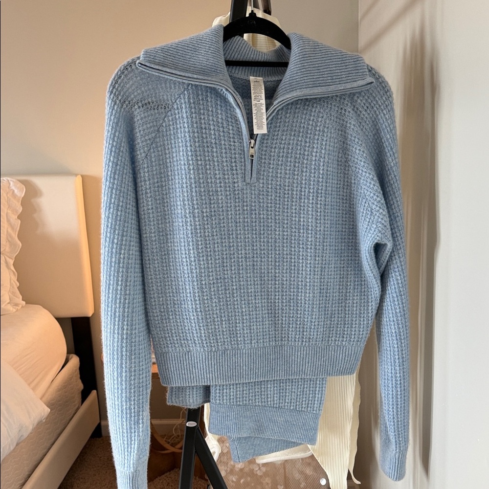 ALO Yoga Light Blue Half-Zip Waffle Knit Top